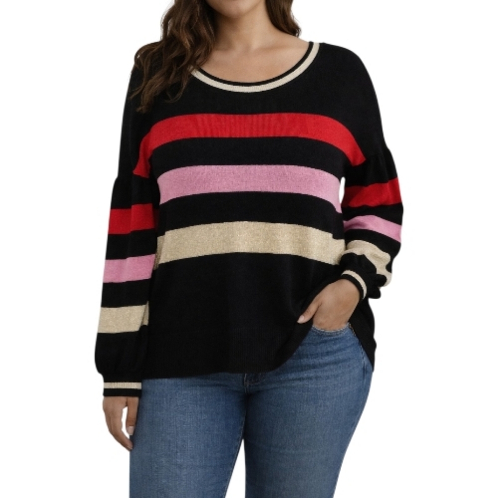 Embossed multi colored knit striped puff sleeve sweater Size Large EUC